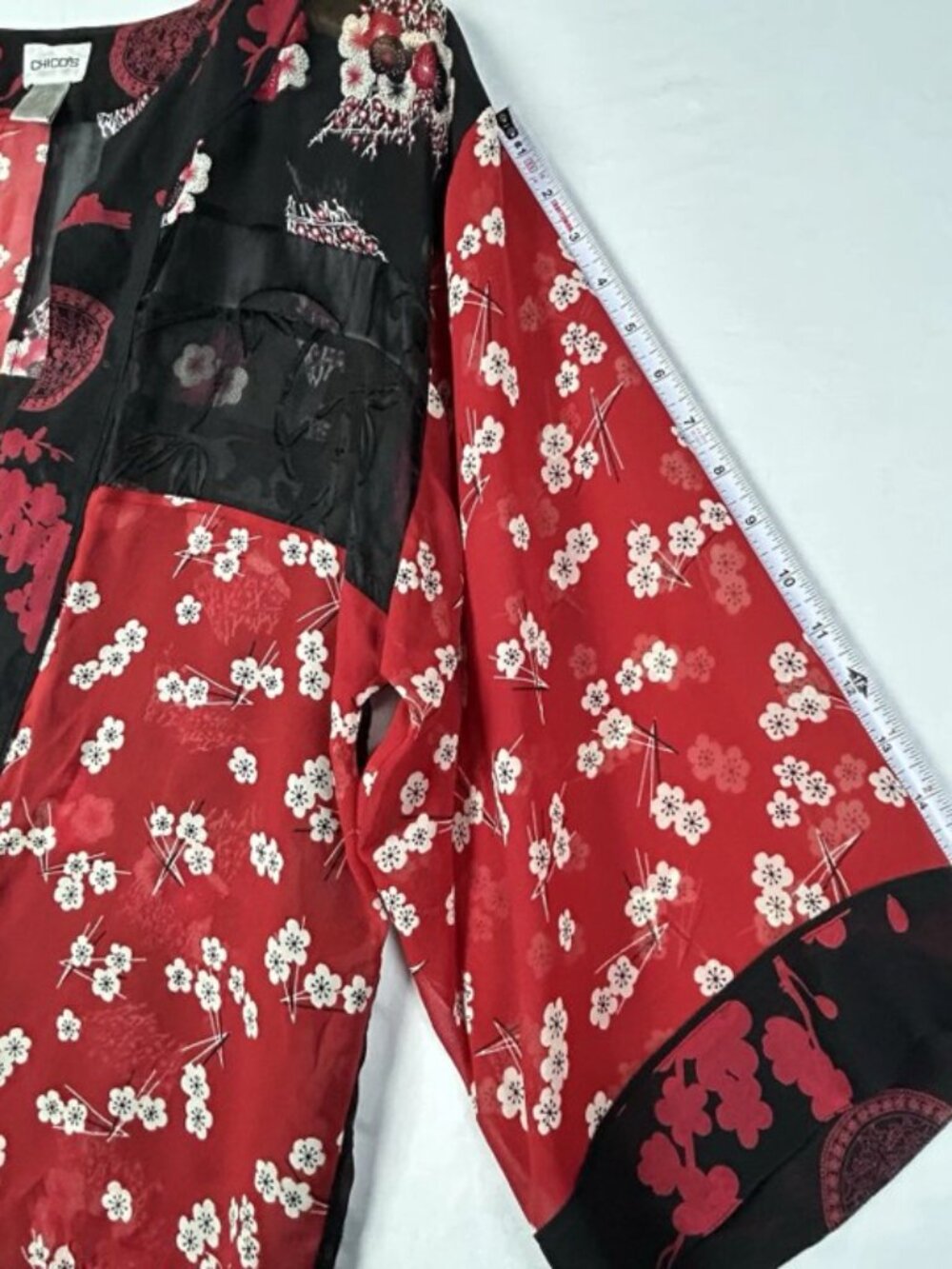Chicos Silk Open Front Cardigan Kimono M Red Asian Inspired Shrug Sheer Dressy - Picture 11 of 11